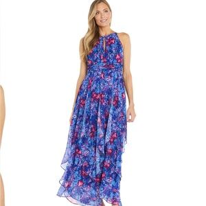 R&M RICHARDS FLOWLY CHIFFON HALTER DRESS RUFFLED TIER BOTTOM PINK & BLUE SZ 10